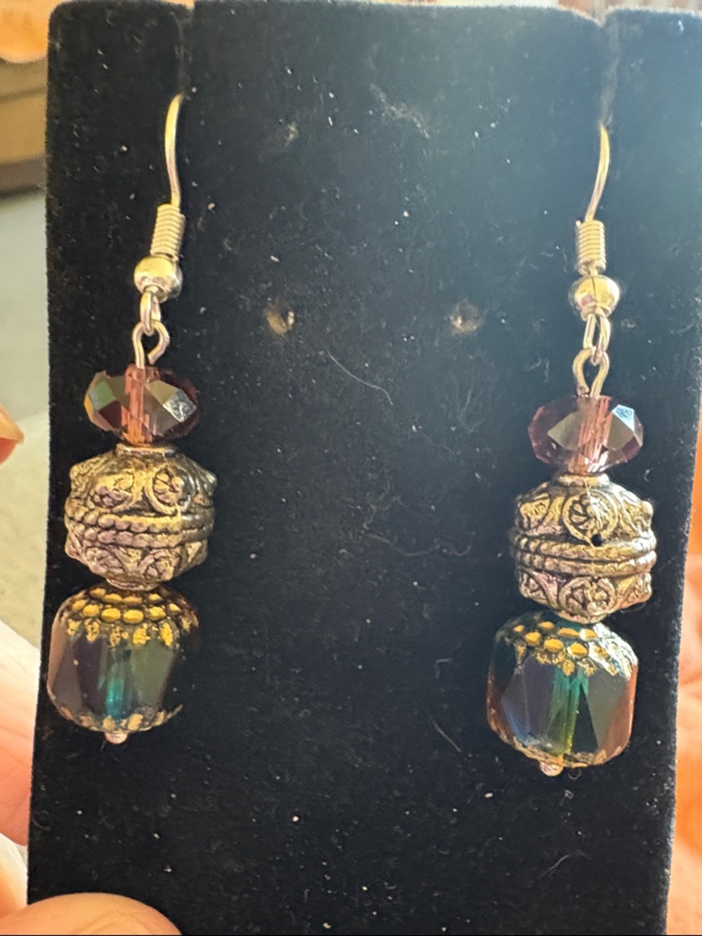 Hand Crafted Iridescent Purple and Gold Bead Drop Earrings